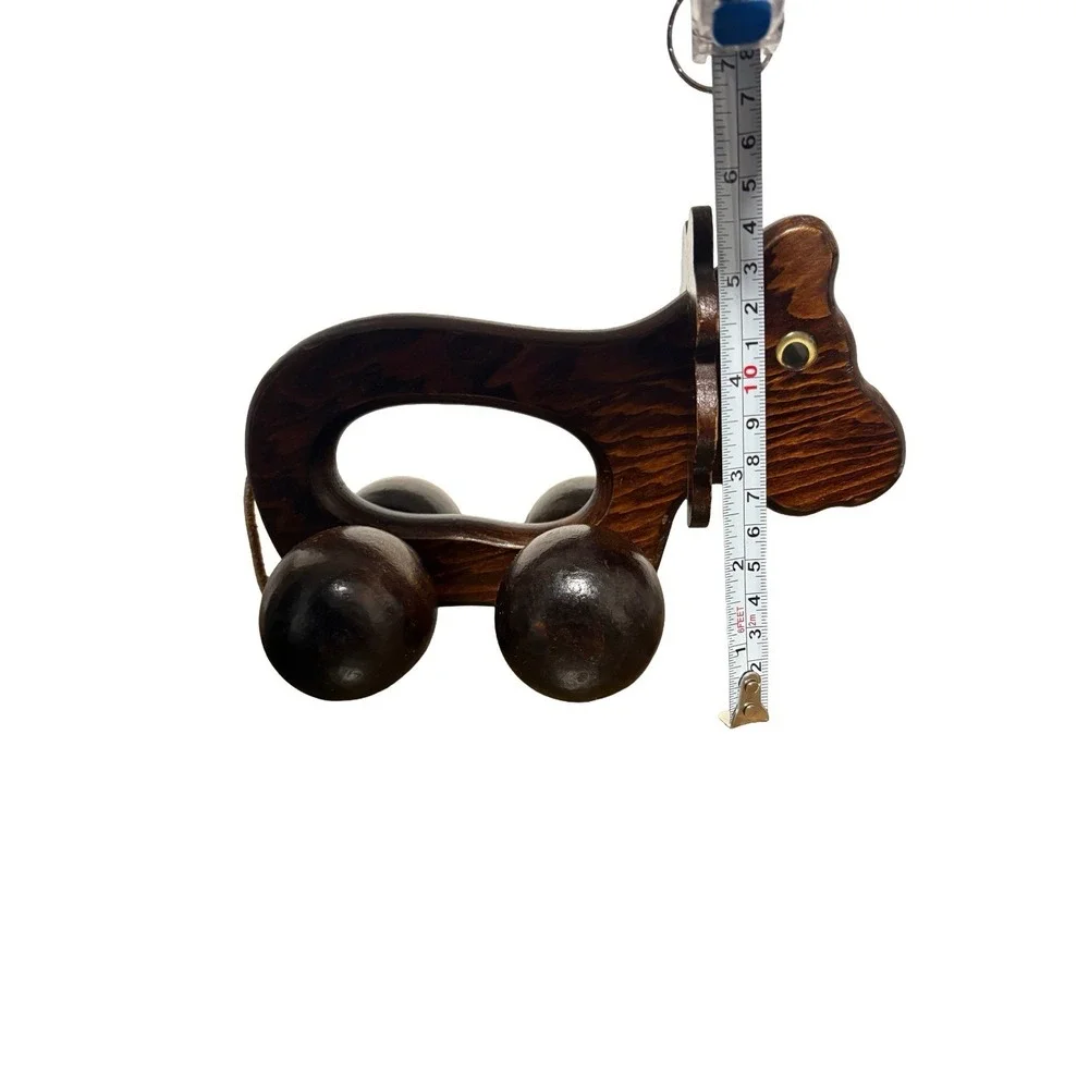 Wooden‎ Toy Vintage Push Along Brown Lion Small Crawl Roller Baby Toddler